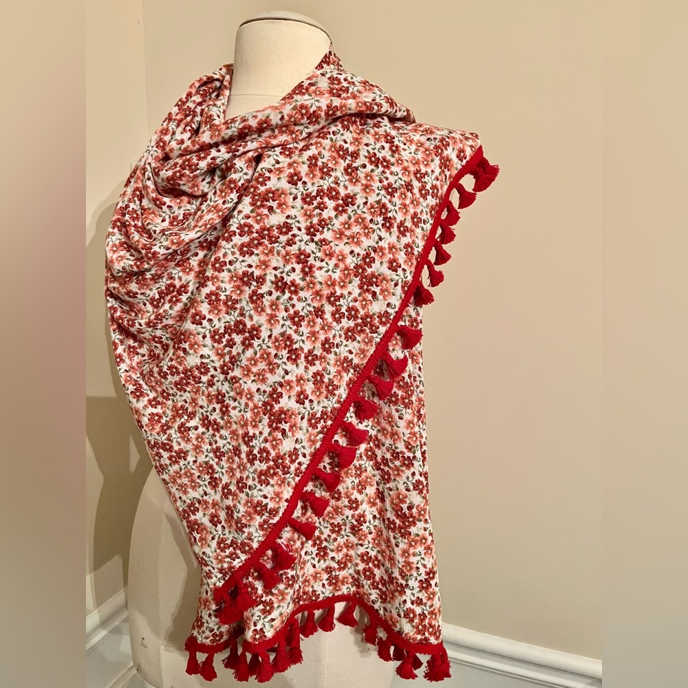 Handcrafted Floral Print Scarf in Light Pink Red and Green with Red Trim - Picture 6 of 8